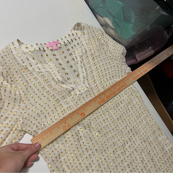 Lilly Pulitzer Cream Gold Colby Silk Metallic Dot Sheer Blouse Large B - Picture 8 of 8